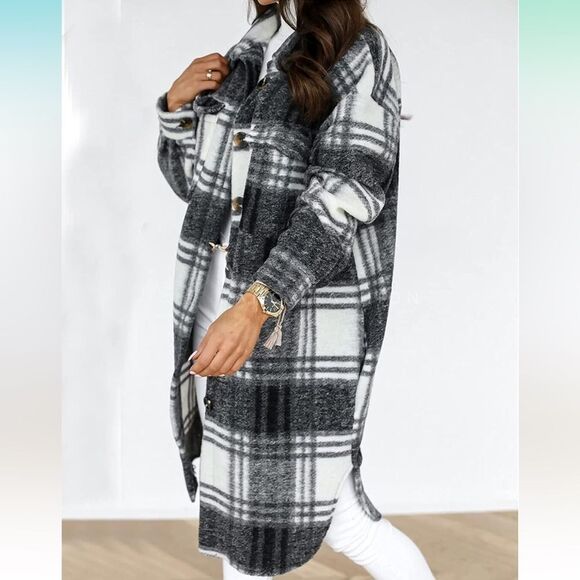Plaid Shirts Women Brushed Flannel Shacket Jacket Button Down Wool Blend Coat - Picture 1 of 4